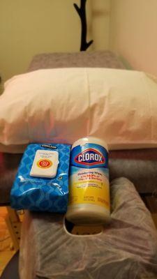 Killing the germs - We use Clorox or Kirkland disinfecting products for beds, face cradle and arm rest after EACH USE