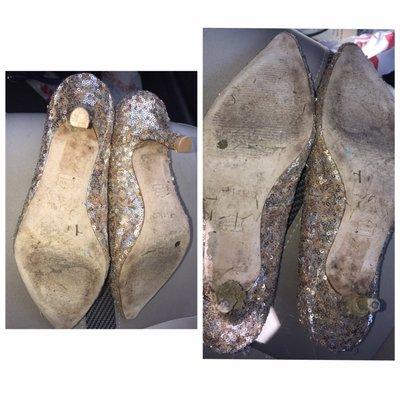 Before and after of a pair of shoes I had repaired here. Pretty good considering they were very damaged.