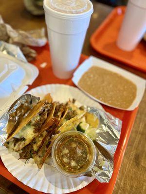 Horchata, Birria tacos , refried beans