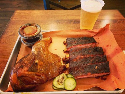 St. Louis Spare Ribs (half), 1/2 Smoked Chicken, Original Sauce, Bourbon Sauce, and Champagne Velvet Beer.