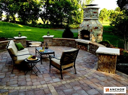 Great backyard with Anchor products.  Stone Age Fireplace, Britton pavers and Brisa Free Standing seat walls.