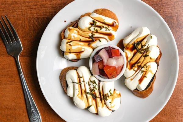 Whipped Ricotta Toast caramelized beets, pickled shallot, rosemary, 8 year aged balsamic