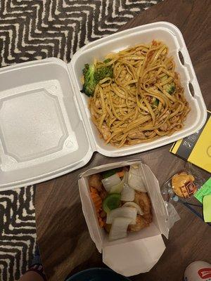 Chicken lo mein, sweet and sour chicken