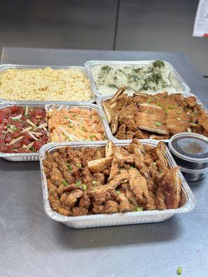 Catering: Tuna Poke Tray, Macaroni, scoops of rice, fish and chicken katsu!