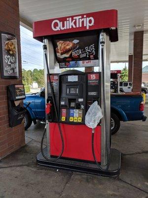 Pump #15. This pump has ethanol-free fuel (red handle). There are multiple pumps at this station with ethanol-free fuel, a rarity currently.