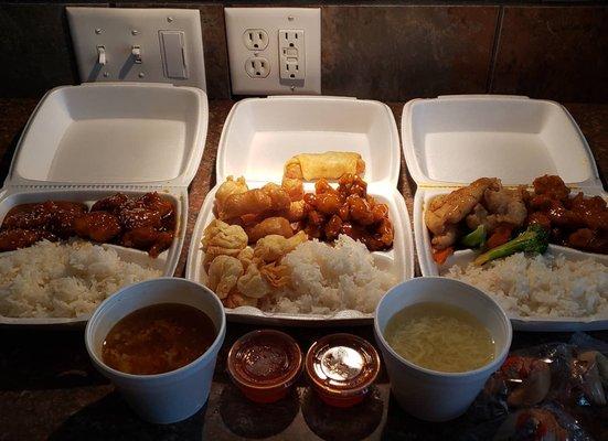 Sesame Chicken, Sweet and Sour Chicken, Chicken and Brocolli, Hot and Sour Soup, Egg Drop Soup, Crab Ragoon, Egg Rolls.