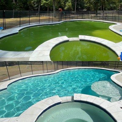 We specialize in rescuing green pools and turning them into sparkling blue heavens once again, with our Green-2-Clean pool service.