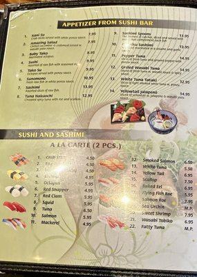 2024 menu of sushi and sashimi