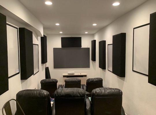 Four movie posters were installed using a laser level and plumb line in this home theater.