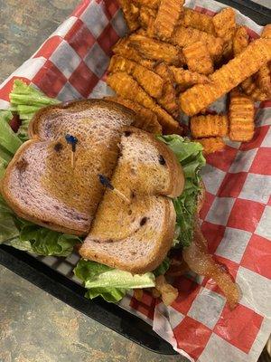 BLT on blueberry bread with sweet potato fries.