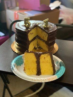 Yellow cake with fudge icing