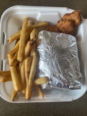 cajun chicken platter, fries, chicken nuggets