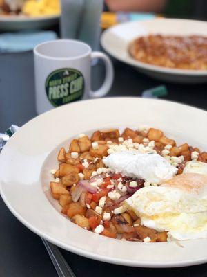 Breakfast bowl. Mediterranean style with tzatziki and feta, etc... sans gyro meat