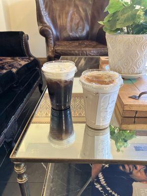 Vanilla cold brew with cold foam and cinnamon roll chai tea latte