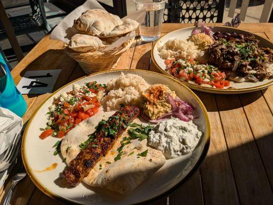 Adana Kebab w/tzatziki, hummus and the Turkish (beef) doner w/hummus and olives.  Amazing freshly made/baked pita too