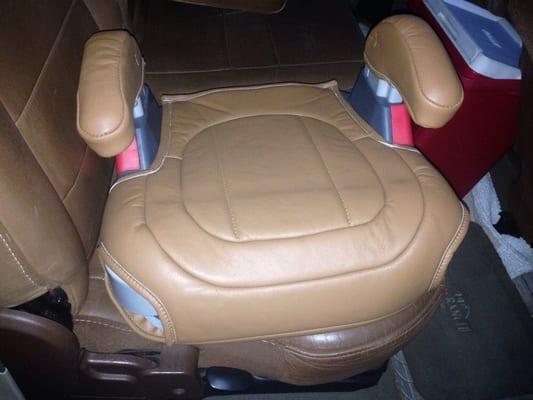 This is the after picture of a leather wrap car seat for a Ford F-350 King Ranch