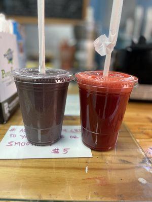 Açaí protein smoothe(left) , cleanser juice (right)