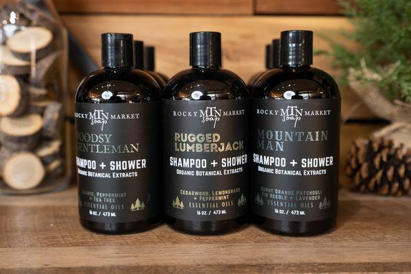 Mens shampoo and shower gel products. Woodsy Gentleman, Rugged Lumberjack, and Mountain Man.