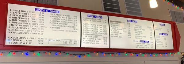 12/23/2022:  Anchors Fish & Chips' full menu located above cash register.