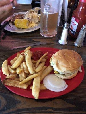 Cheeseburger and steak fries. $7.49.  Bun was very soft (real good) and patty was delicious. Good size.