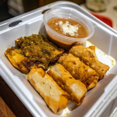 COMBO SAMPLER  Rajas con crema, 4 alitas (wings), small al Pastor cheese tostada