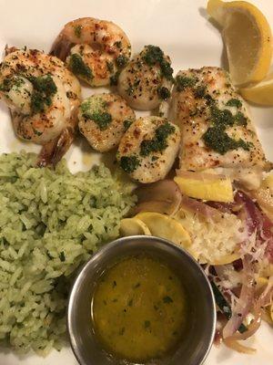 Seafood Platter - scallops, Walleye and shrimp. The herbed rice is great!