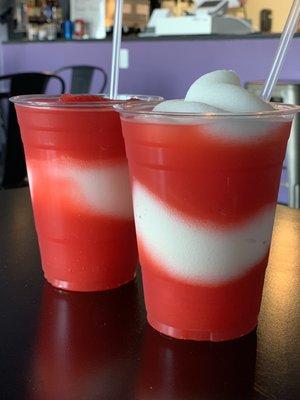 Piña colada mixed with a strawberry daiquiri