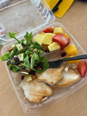 Turkey breast breakfast plate with fresh fruit and cranberry salad