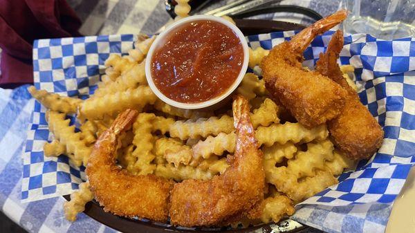 Shrimp basket.  5 (one already eaten before pic) and fries.