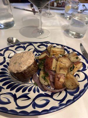 Filet with blue cheese glaze and roasted red potatoes