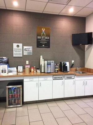 Free refreshments, including filtered water, coffee (Keurig), soda and juice pouches.