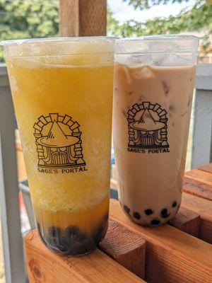 Orange smoothie and black milk tea.