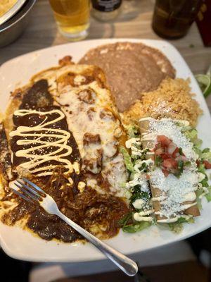 From left to right: Hatch Pork Chile Verde Enchilada smothered in Mole sauce,  Chile Colorado Burrito, 2 Chicken Taquitos