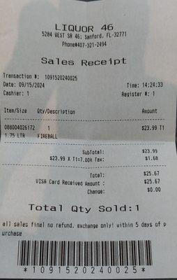 Receipt for 1.75 liter bottle of Fireball