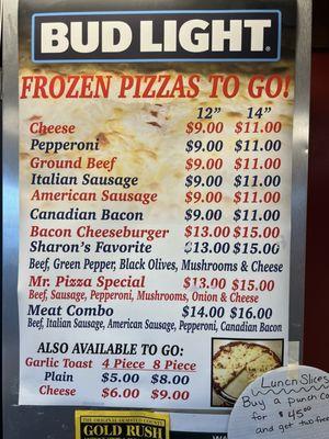 Frozen pizza menu