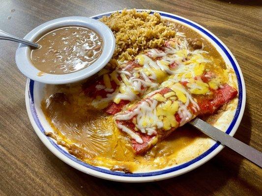 One component of the poquito de todo: cheese enchiladas, rice, charro beans. Also comes with a picadillo taco and chalupa