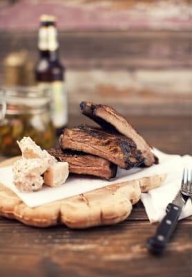 Pork ribs and Greek yogurt-based chimichurri potato salad.