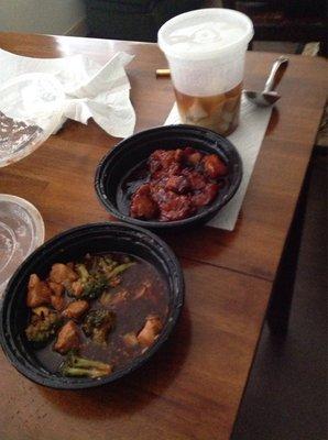 Broccoli chicken, general Taos chicken, and wonton soup