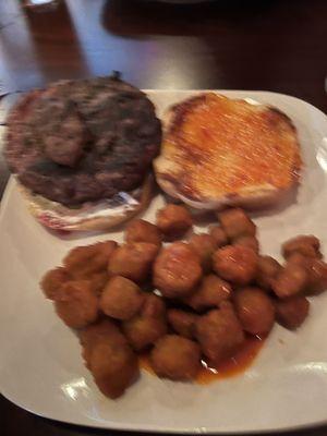 Pepper Jelly Burger with side of Buffalo Fried Okra