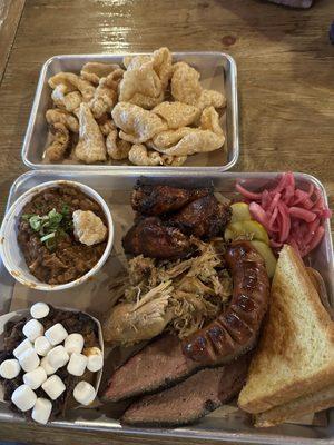 Grand Slam Plater w/ pork cracklings, sweet potato crunch, and baked beans