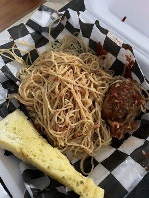 Spaghetti and meatball(s) entree missing a meatball and missing sauce. Charged full price... $10.99 for this crap.