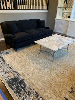 Outerbanks 86" sofa, 9 x 12 Grayson rug, Boracay marble coffee table