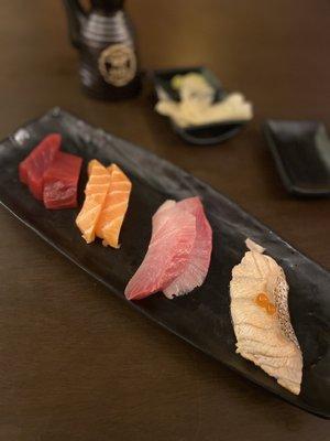 Tuna, salmon, hamachi, salmon toro seared