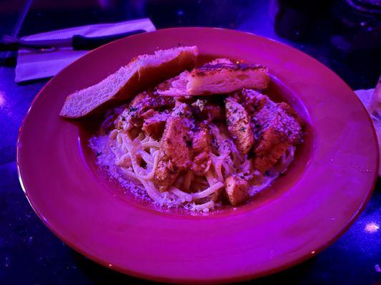 2/5/23 free lunch special: blackened chicken alfredo with garlic bread. Delicious!