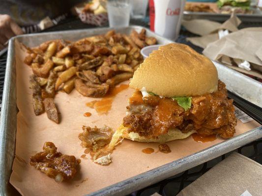 Buffalo chicken sandwich with fries