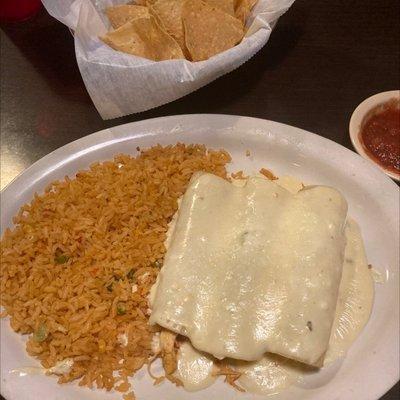 Yolanda's chicken enchiladas with rice