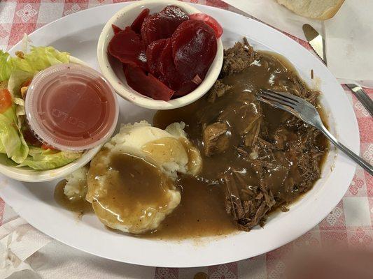 Pot Roast, mashed potatoes, salad and pickled beets