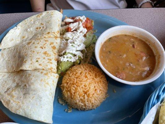 Grilled Chicken Quesadilla; full of grease from the stewed onions.  There were small pieces of hot-dog in the Charro Beans - bizarre!