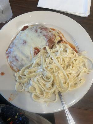 Chicken parmigiana with Alfredo pasta