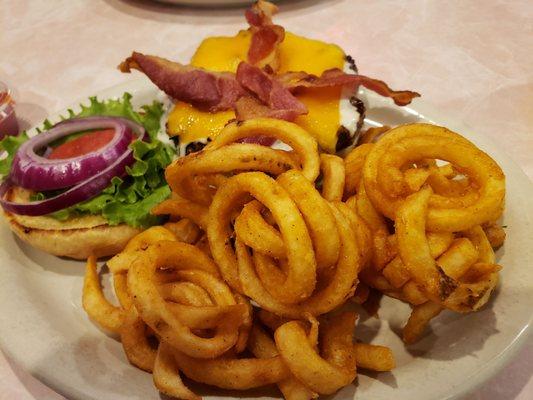 Burger and curly fries